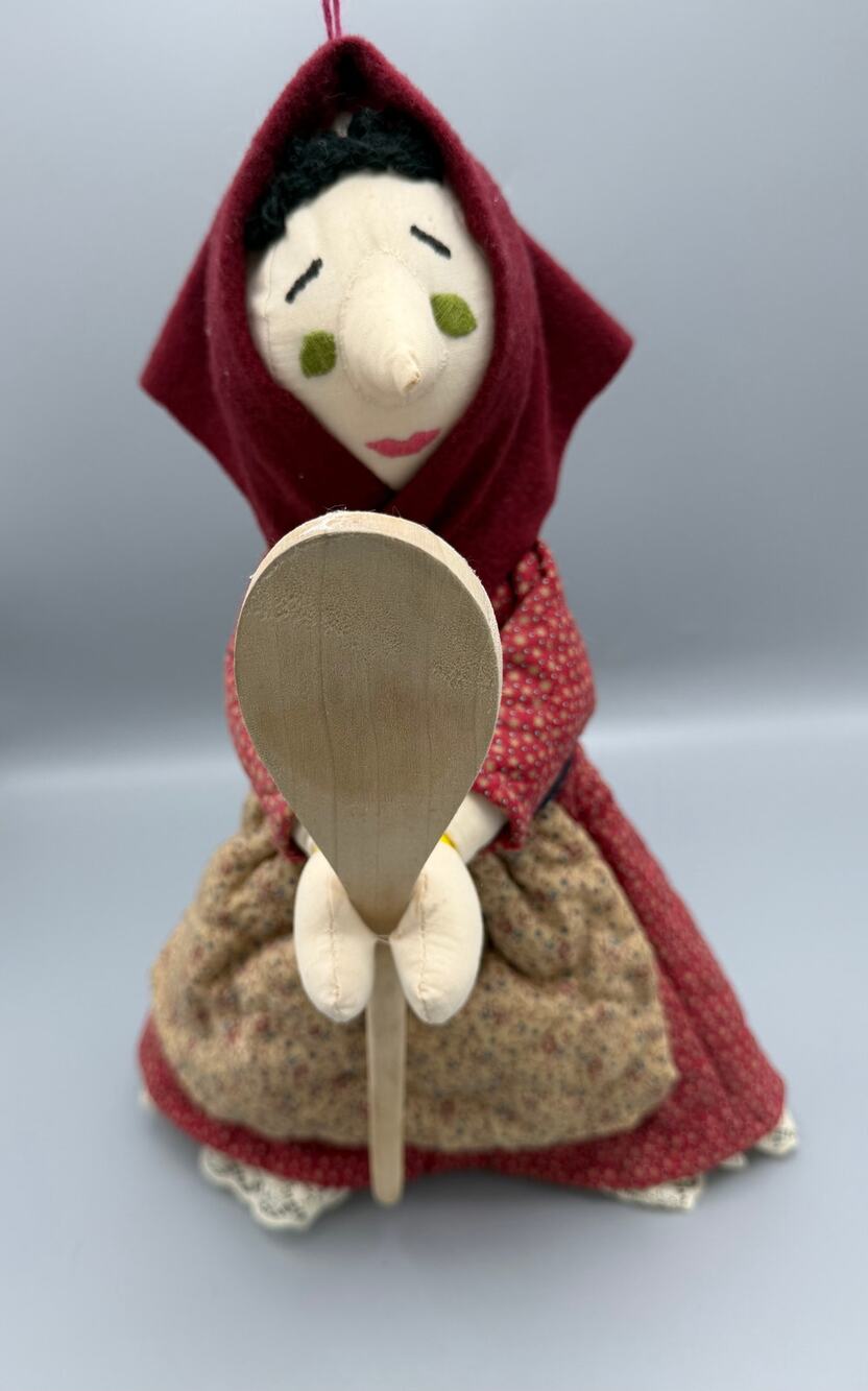 Handmade Kitchen Witch Hanging Doll Folk Art Fabric Good Luck Decor Wood Spoon